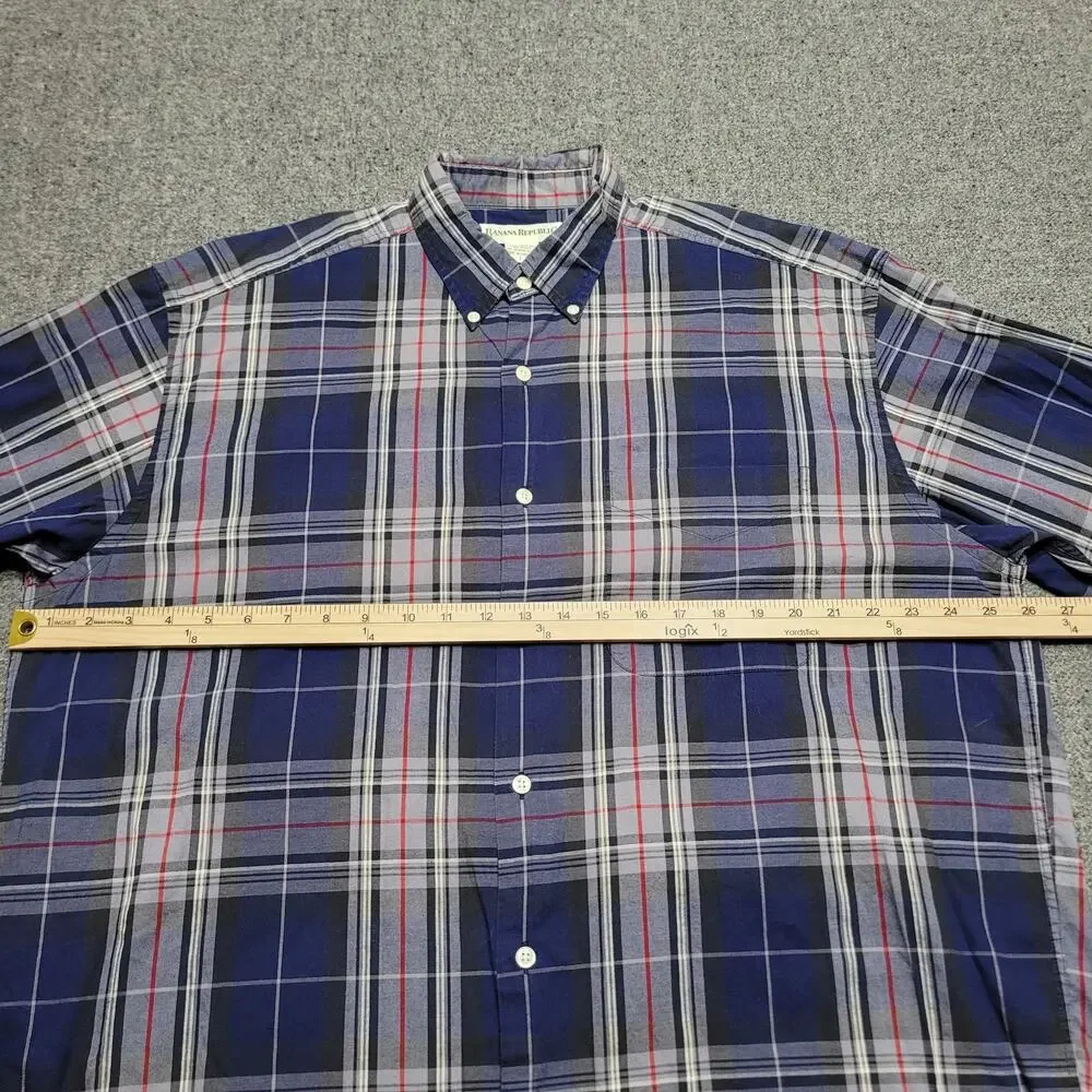 Vintage Banana Republic Shirt Mens Large Blue Tartan Plaid Preppy 90s Pocket